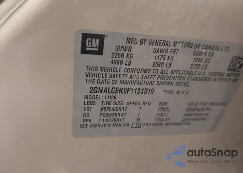 2015 Chevrolet Equinox 2Lt из США, поврежденный, VIN 2GNALCEK0F1131019